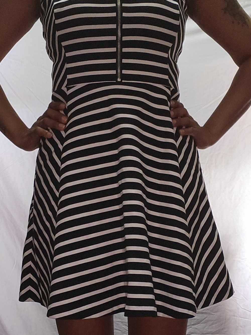 Michael Kors Black and White Striped Sleeveless Fit-and-Flare Dress